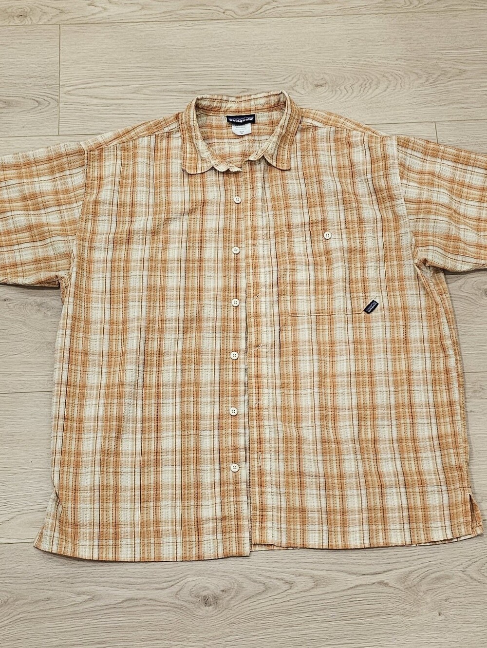 Patagonia Orange and Cream Plaid Short-Sleeve Button-Down Shirt XL